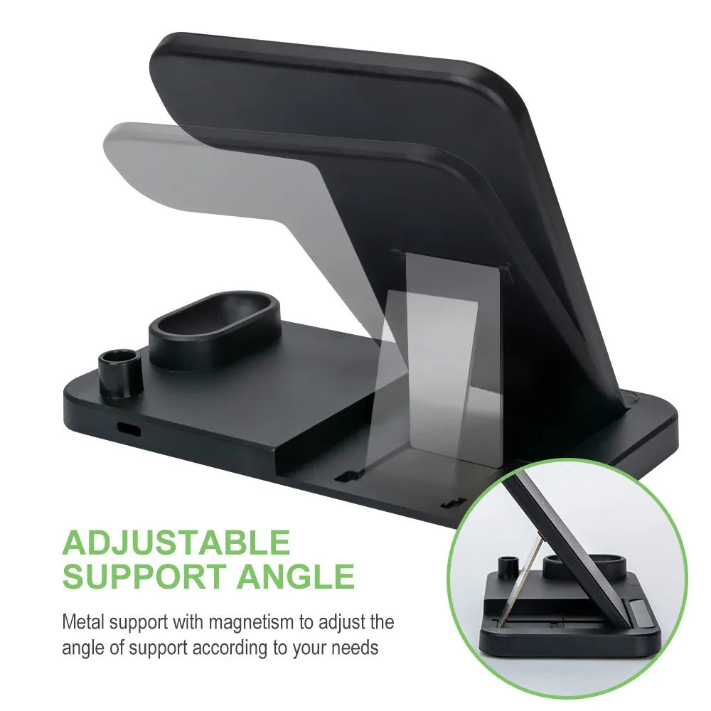 Foldable 4-in-1 wireless charger showing vertical orientation charging Apple iPhone AirPods and Apple Pencil