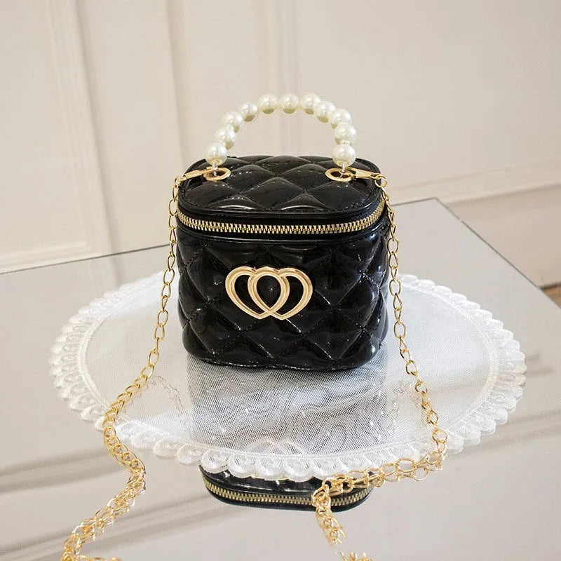 White heart-patterned PVC bucket gel bag for women showing bucket shape and heart design