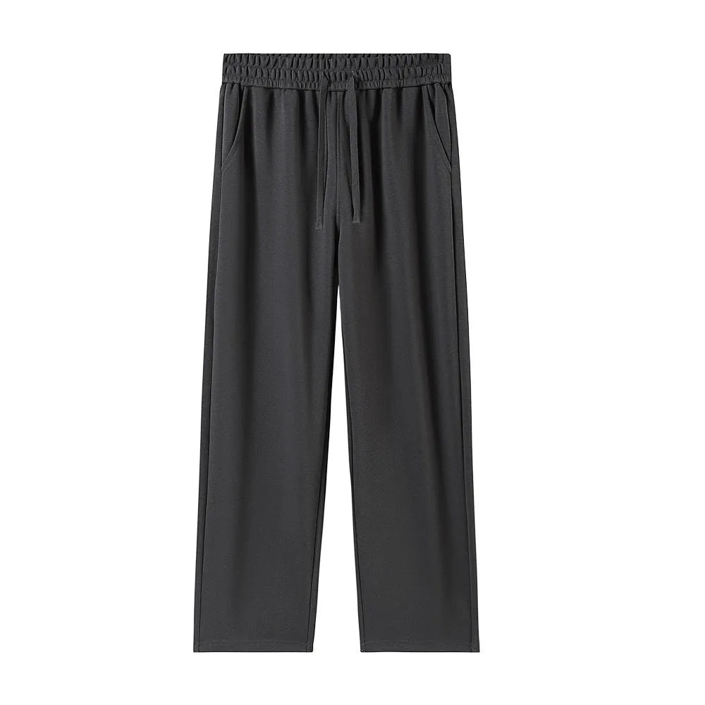 High-waisted straight-leg cotton pants in heather gray, loose fit, available in multiple colours