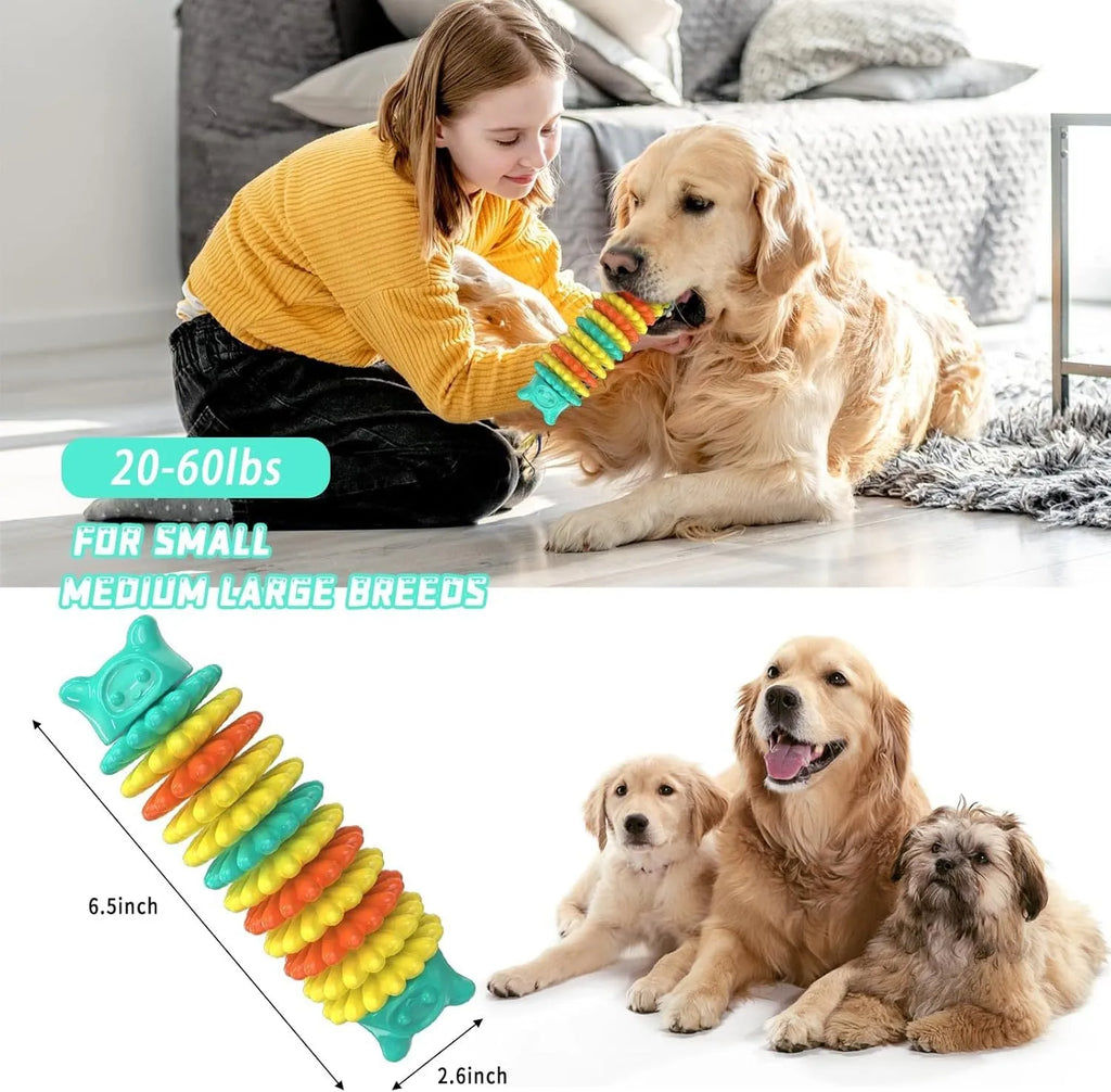 Blue rubber caterpillar-shaped chew toy for dogs on a plain background.