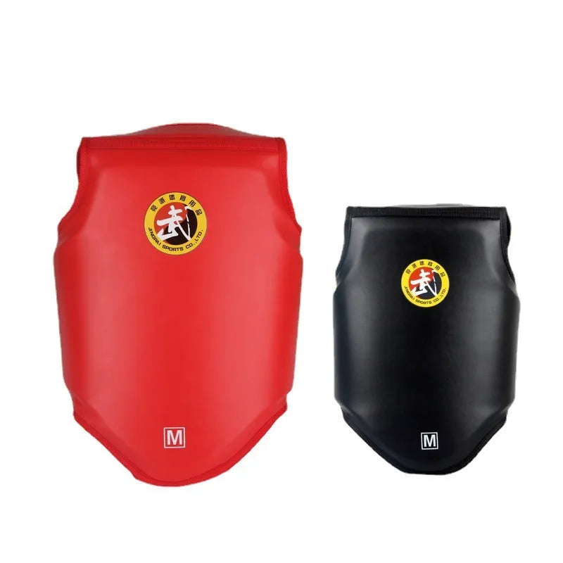 Red boxing helmet with matching chest protector for training and competition