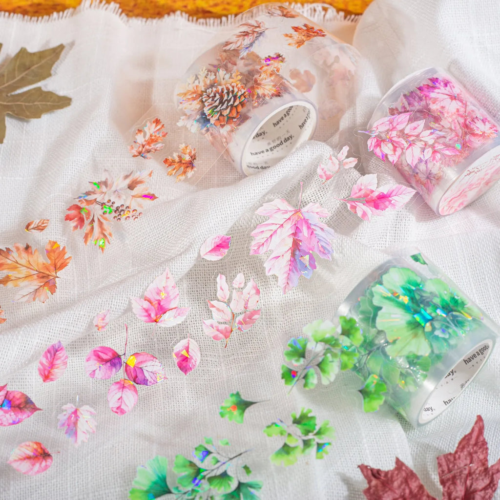 PET decorative sticker roll showing six leaf patterns including ginkgo and maple designs for craft projects