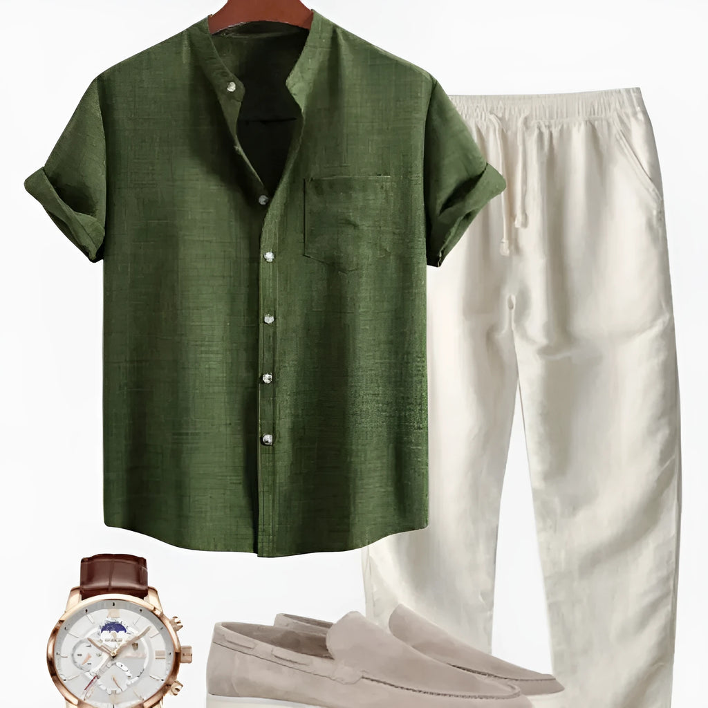 Men's blue slim-fit short-sleeved shirt with stand collar, part of a set with trousers, shoes, and watch