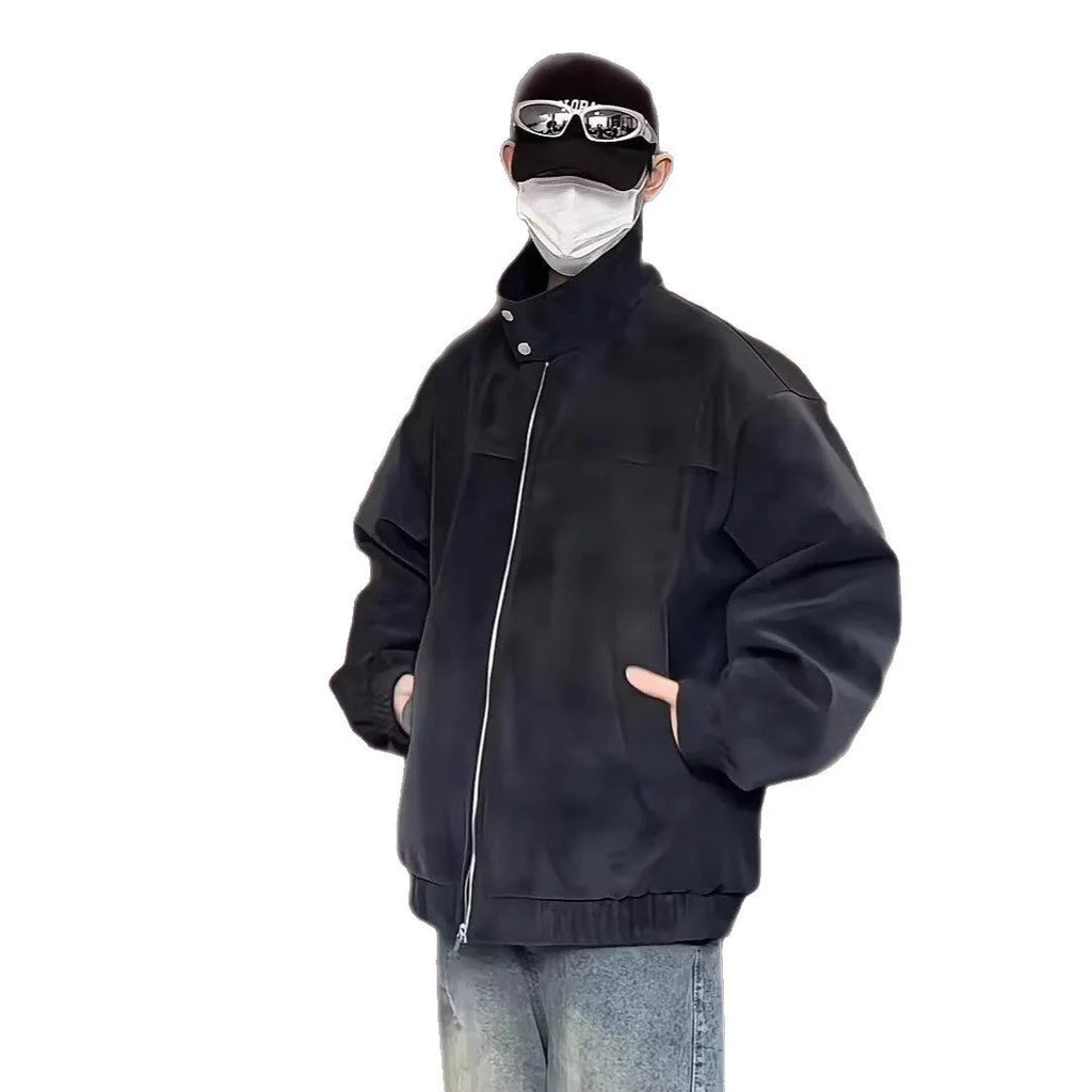 Men's black tie-dyed PU leather jacket with stand collar and side pockets