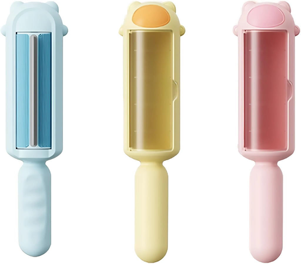 Blue reusable pet hair remover tool with a self-cleaning base on a fabric sofa.