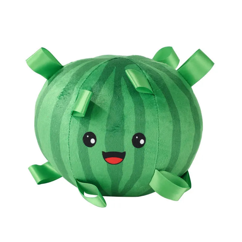 Green interactive ball dog toy with plush handle and built-in bell for aggressive chewers