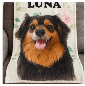 Custom polyester flannel blanket with digital photo print, available in sizes from 70cm x 100cm to 150cm x 200cm