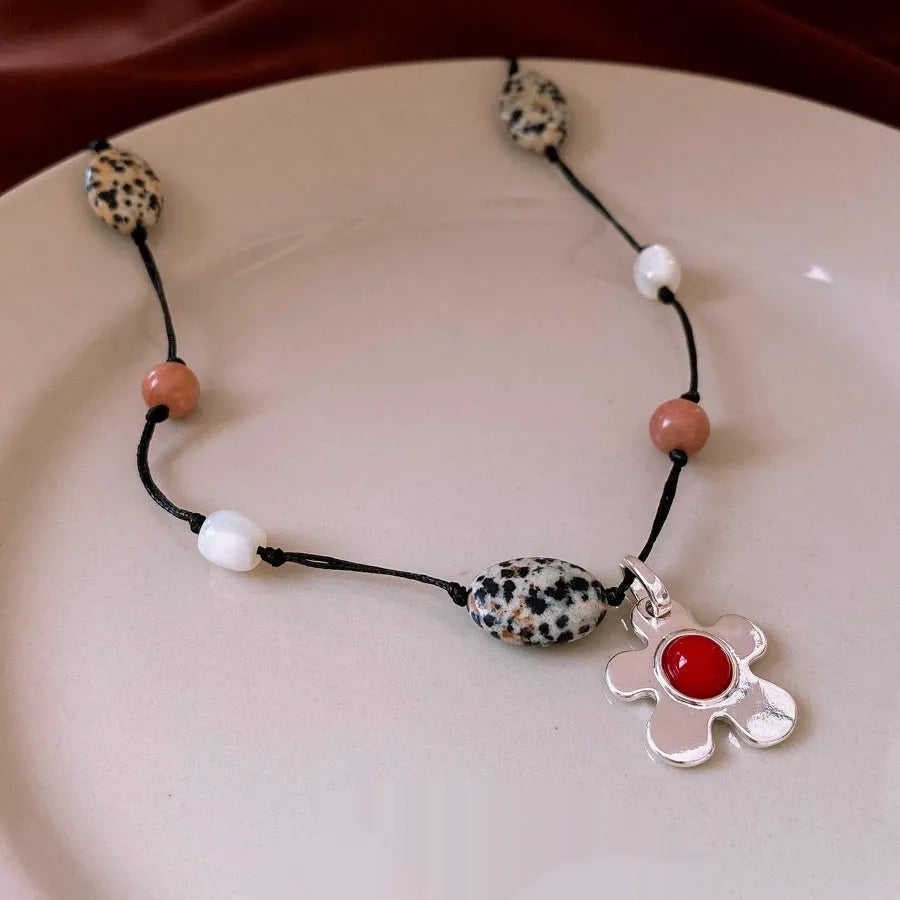 Women's ethnic necklace with stone shell beaded flower pendant on adjustable alloy chain