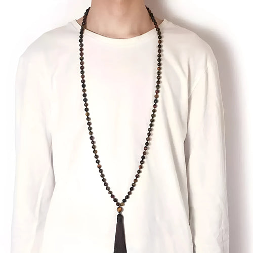 Long unisex agate and amethyst tassel necklace with blue stone pattern, measuring 95-100cm.