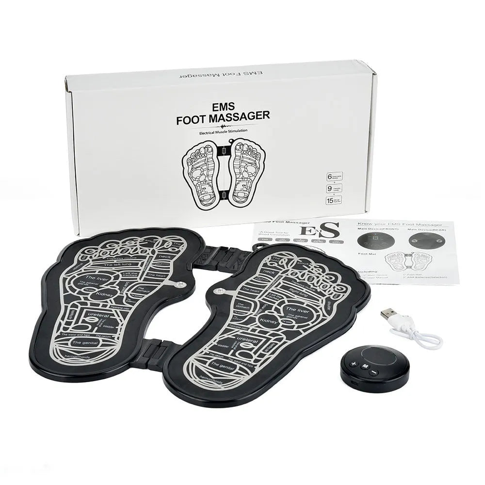 Black foldable EMS rechargeable foot massage mat with acupressure points, polypropylene, 30x29x1 cm