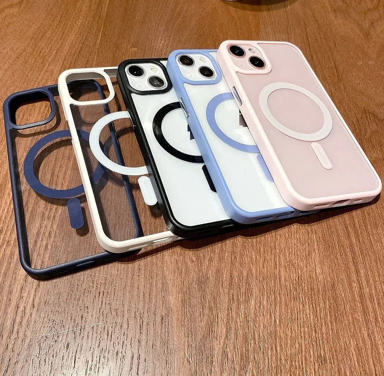 Transparent acrylic MagSafe phone case for iPhone Pro models showing magnetic functionality
