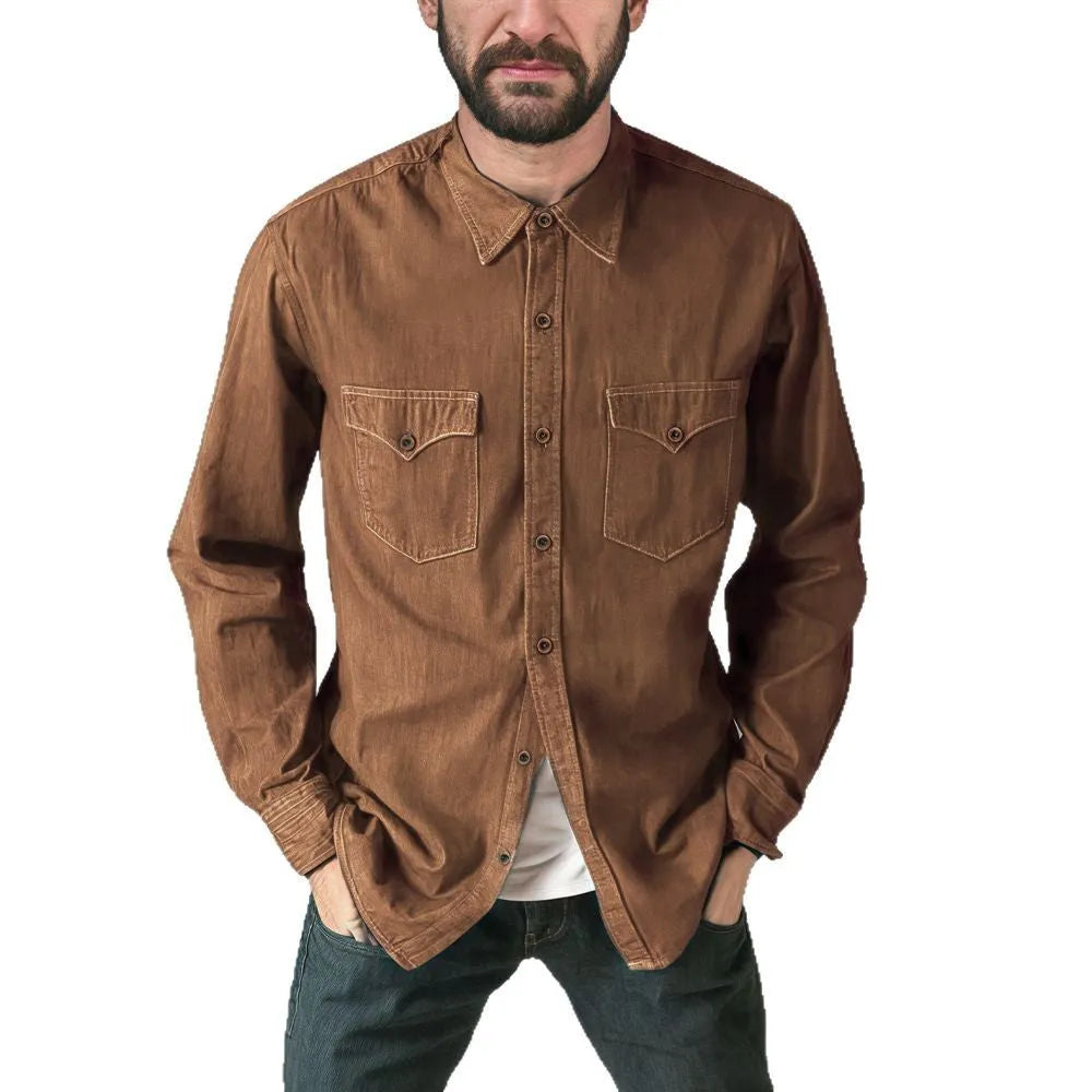 A regular fit denim cardigan coat in a khaki colour on a model.
