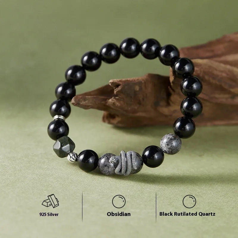 Men's black S925 sterling silver bracelet with obsidian stone and snake year charm