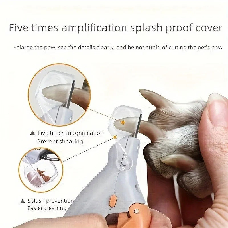 Yellow LED pet nail trimmer with magnifying glass catcher and light-up cutting head