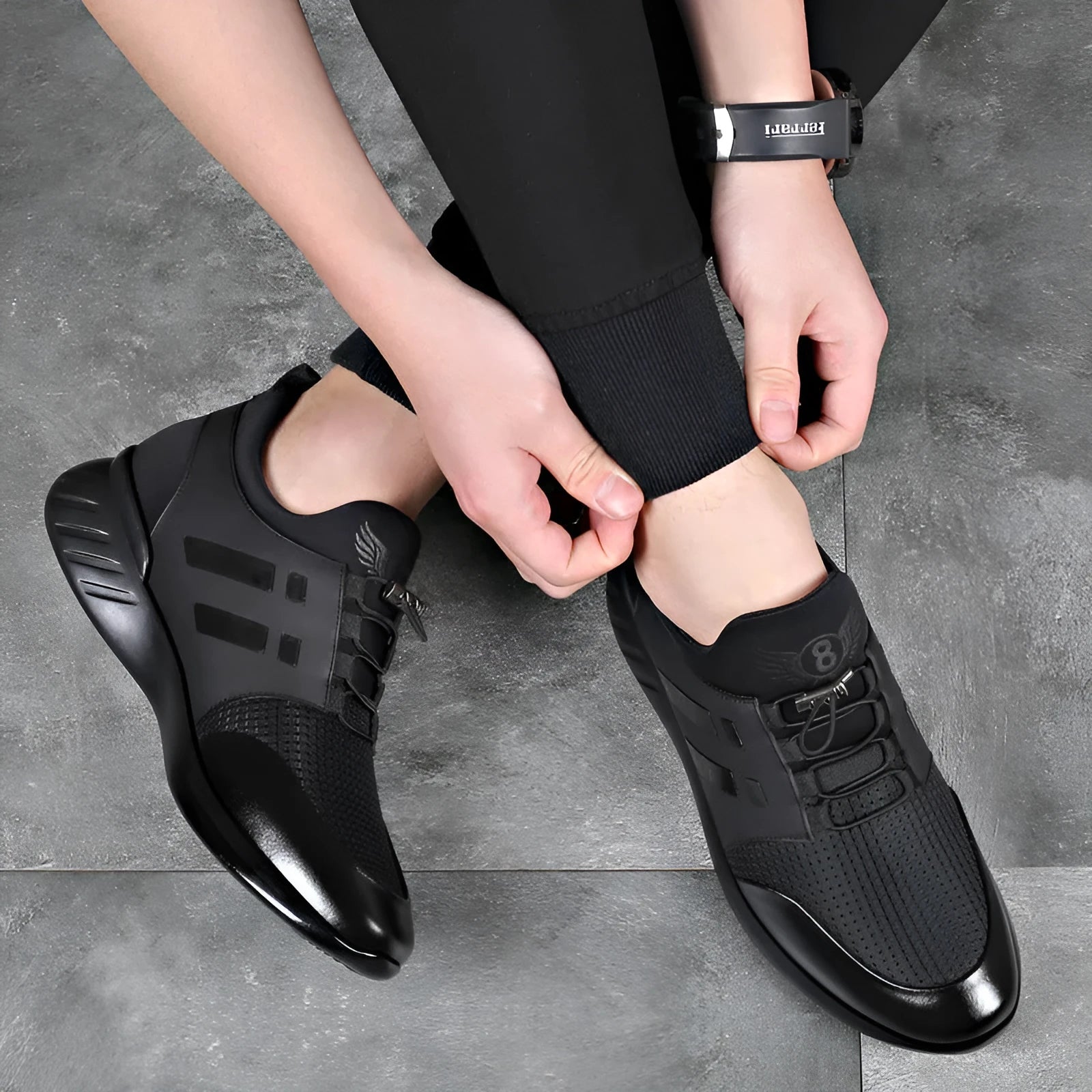 Men's black casual shoes with a chunky rubber sole and round toe, available in leather or mesh.