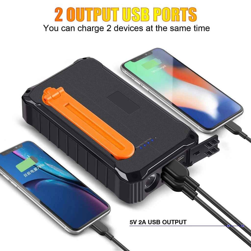 Green solar hand crank power bank with 12000mAh capacity showing USB ports and emergency LED light
