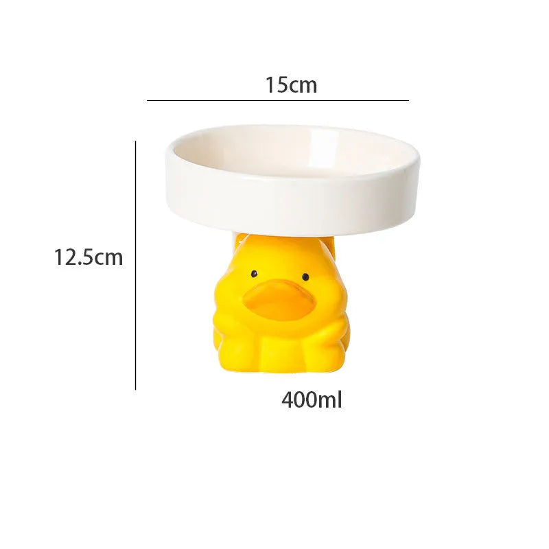 Ceramic elevated cat food bowl with animal theme design in pink, yellow, or white