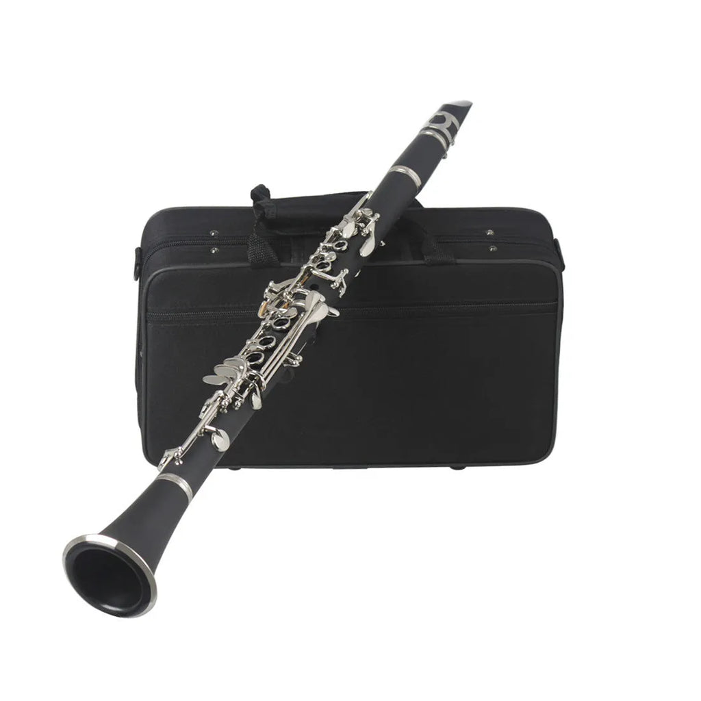 Black Bakelite 17-key B-flat beginner clarinet with nickel-plated keys and a carry bag.