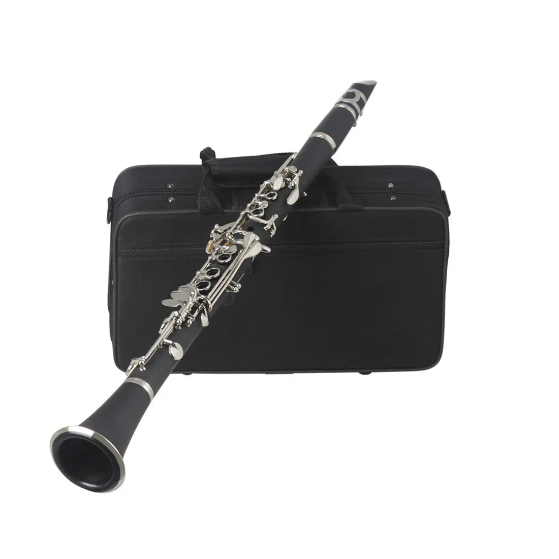 Black Bakelite 17-key B-flat beginner clarinet with nickel-plated keys and a carry bag.