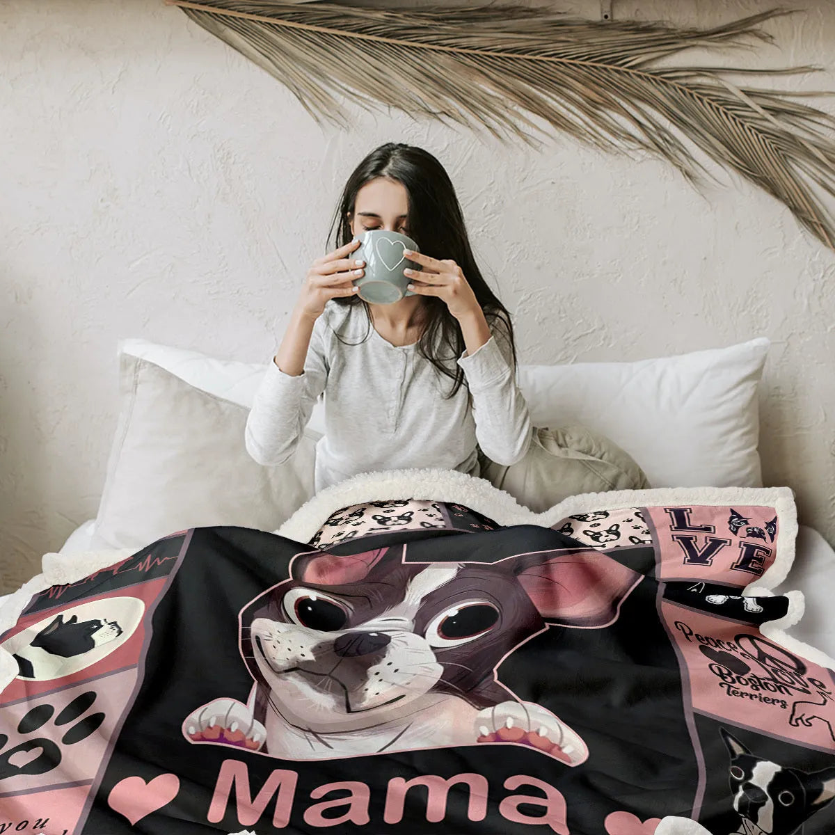 High weight soft warm dog themed lamb wool blanket in pink on sofa