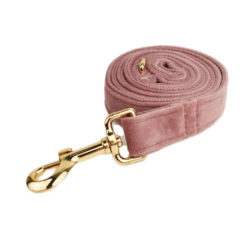 Light purple pink velvet dog collar with matching pet accessories including leash, bowknot and vest