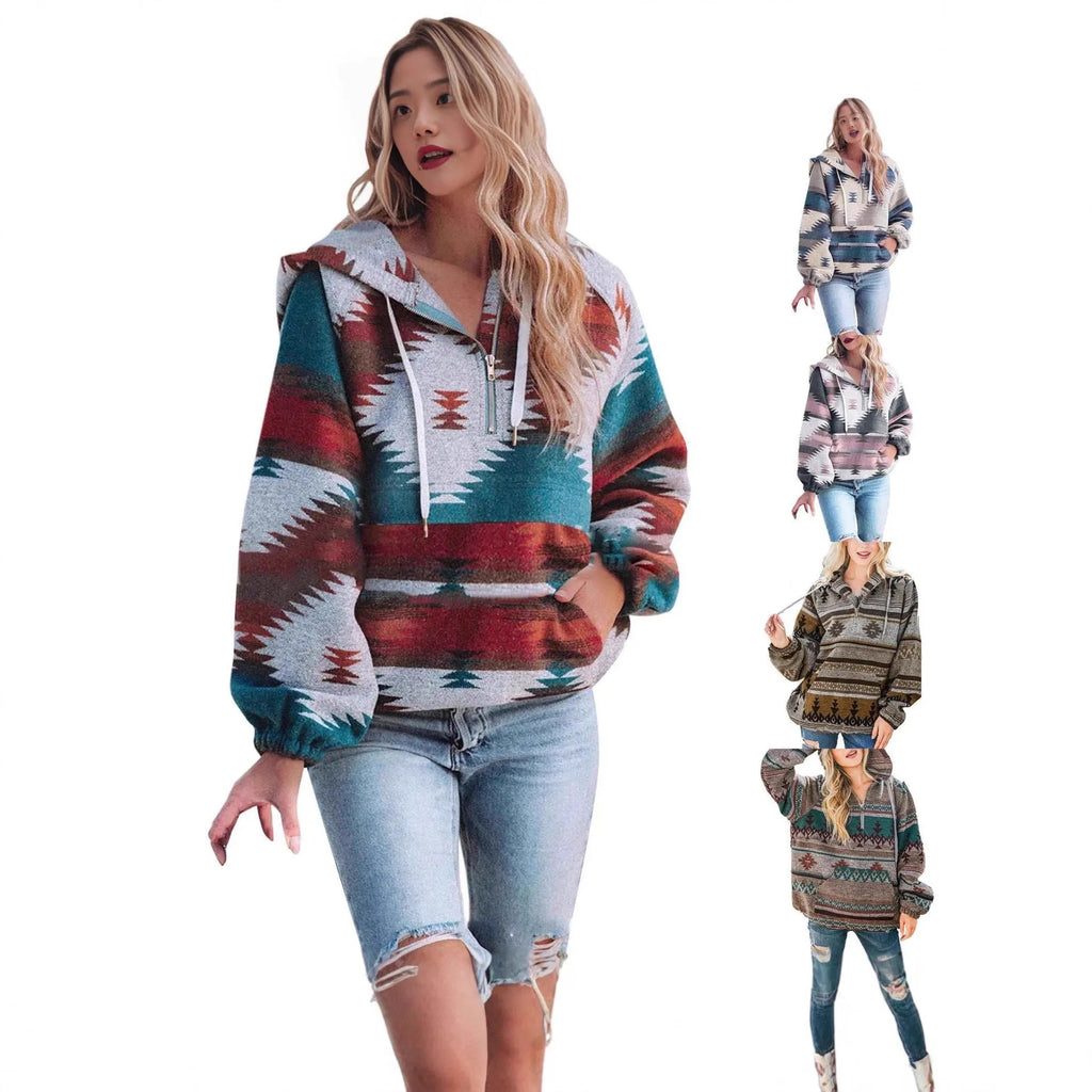Women's retro fashion half-zip long sleeve sweatshirt with 3D digital print, loose fit pullover in polyester, front view