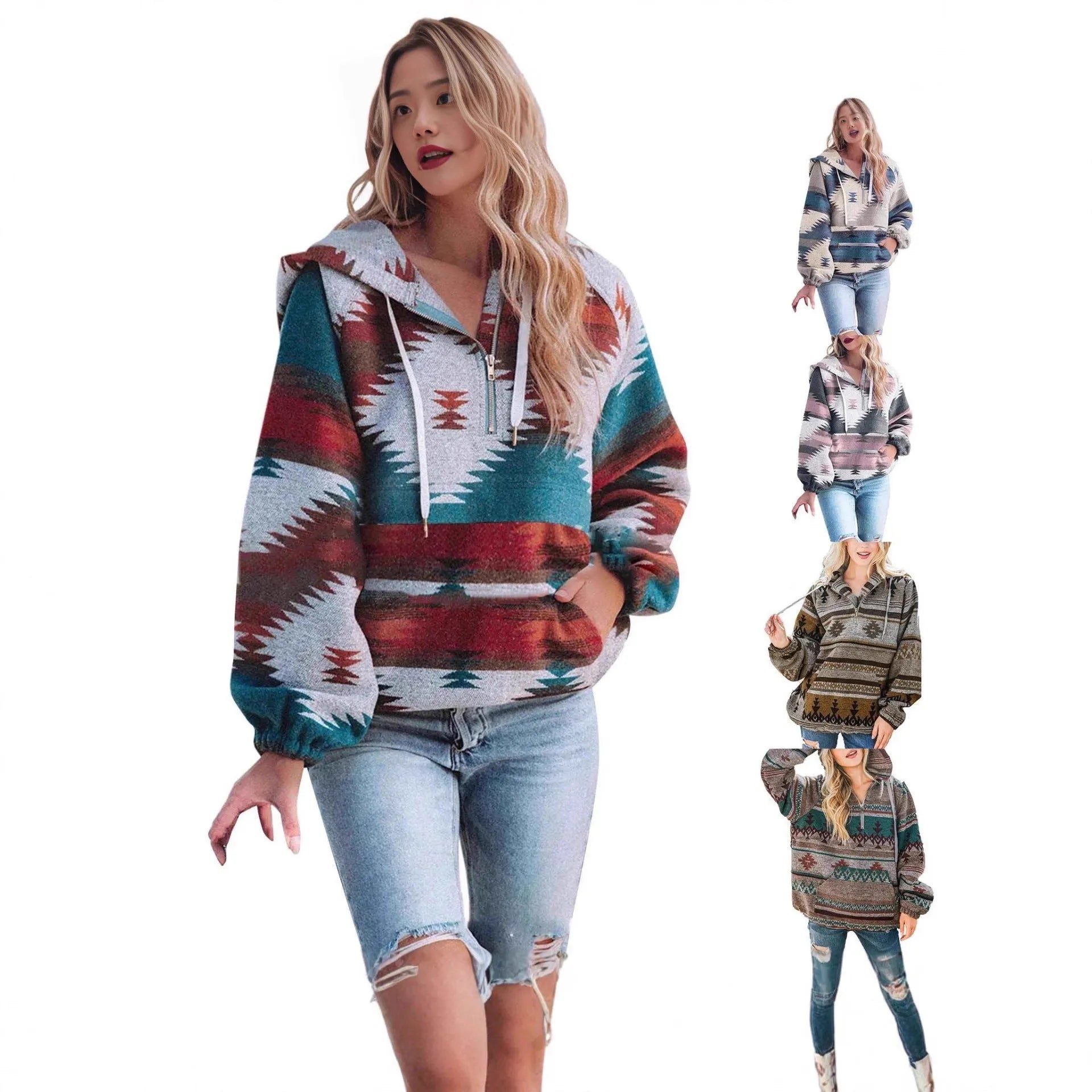 Women's retro fashion half-zip long sleeve sweatshirt with 3D digital print, loose fit pullover in polyester, front view