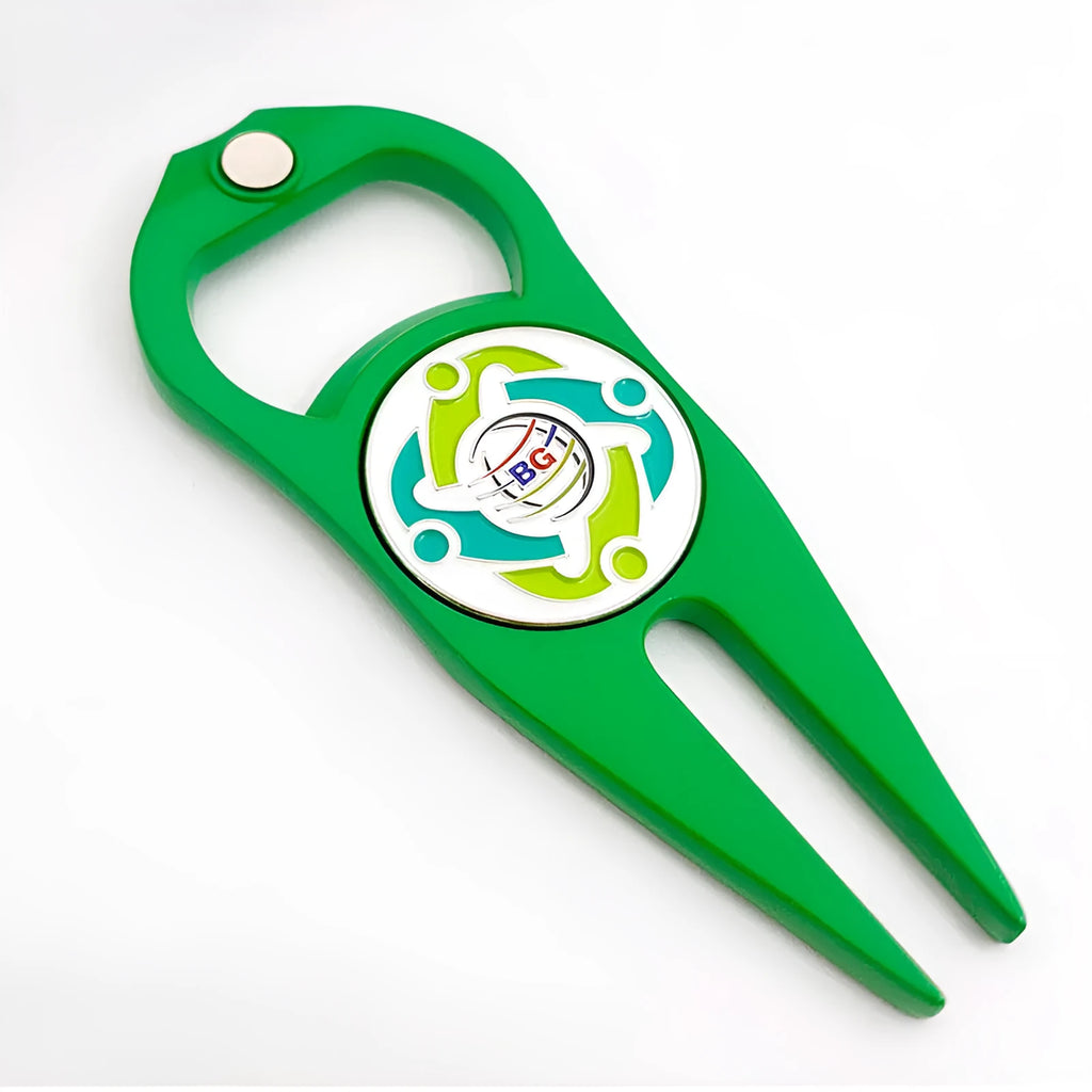 Zinc alloy golf tool with ball yoke and bottle opener, shown with a separate ball marker coin, in black, green, and silver colours.