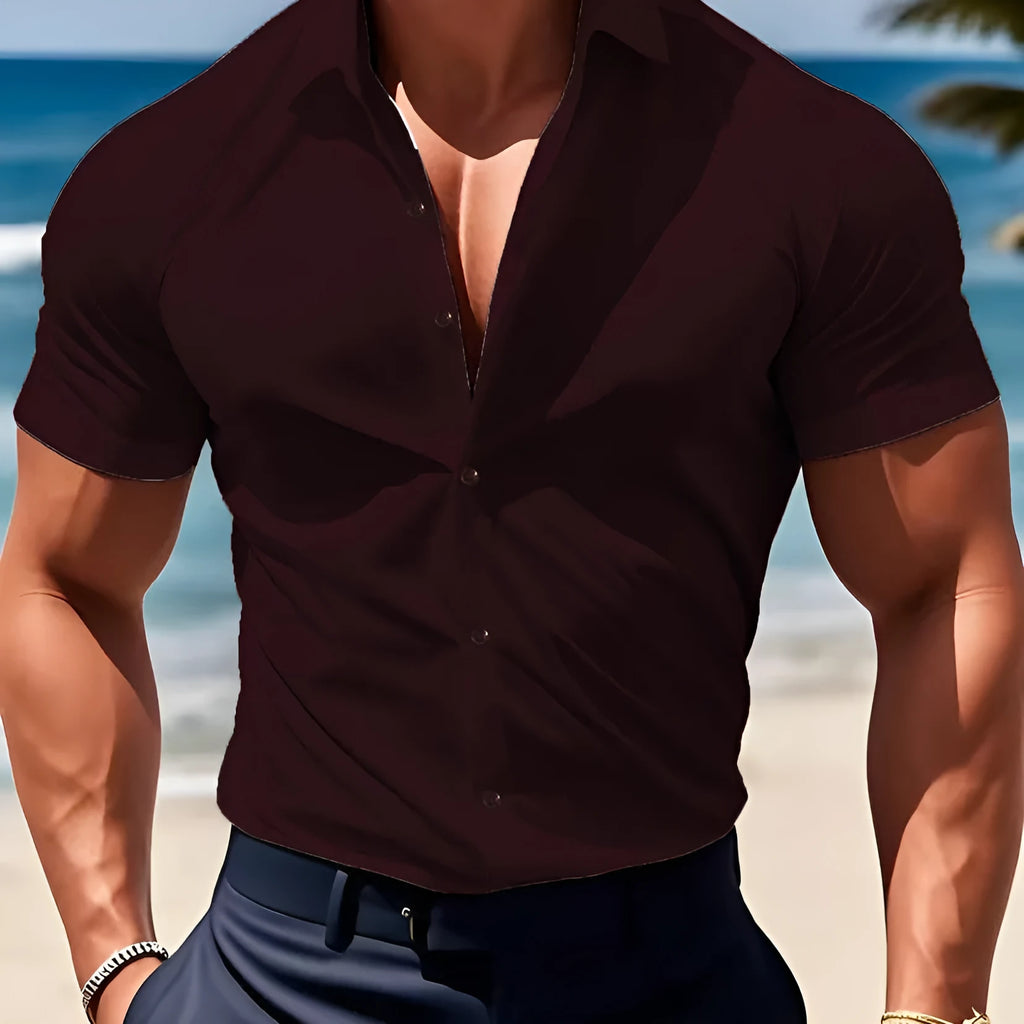 Men's short sleeve printed casual shirt in cardigan style, available in multiple colours and sizes.