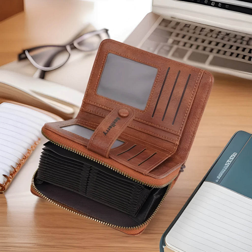 Women's black PU leather zipper coin purse with card slots open, showing interior.