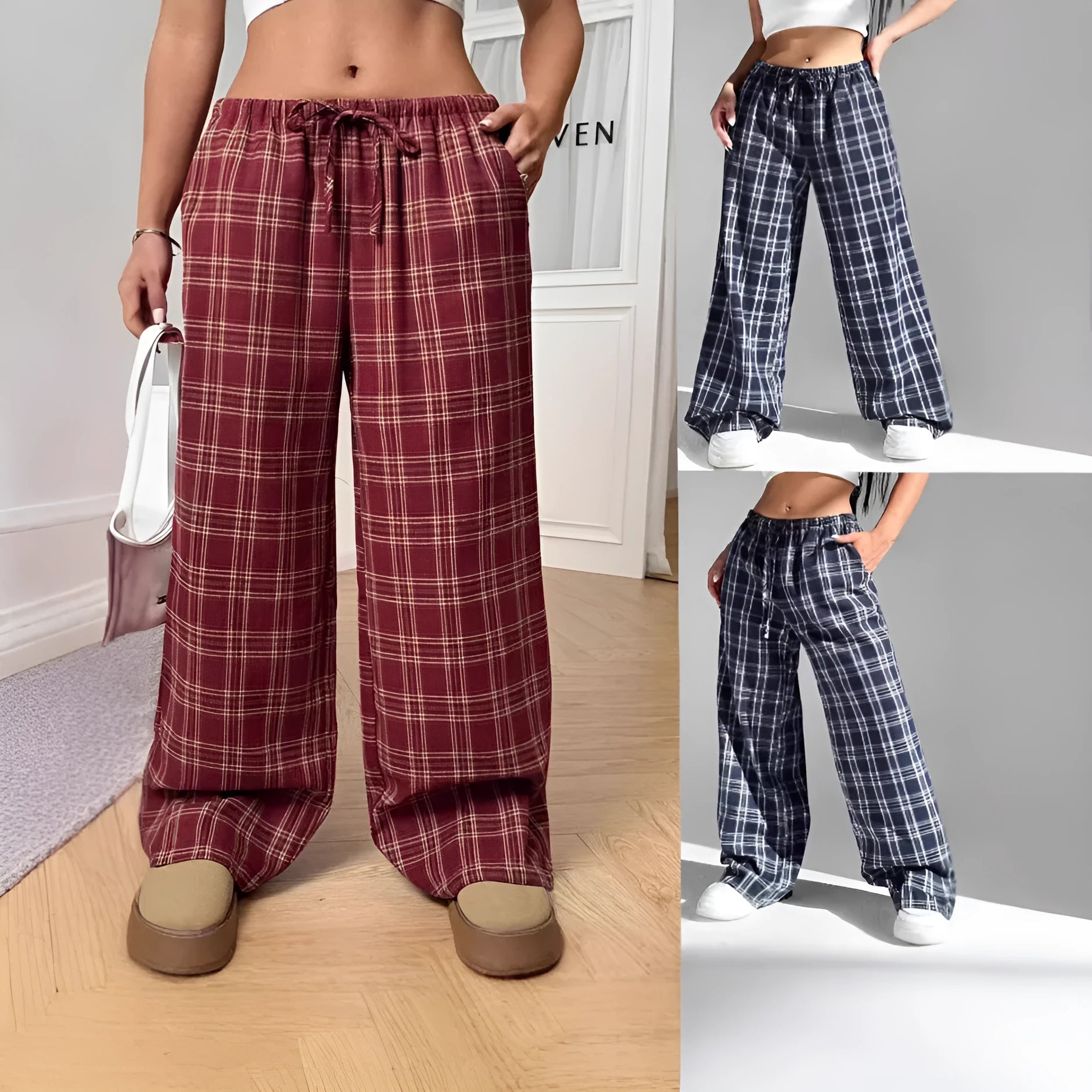Women's blue plaid pocket casual trousers with drawstring waist and loose fit