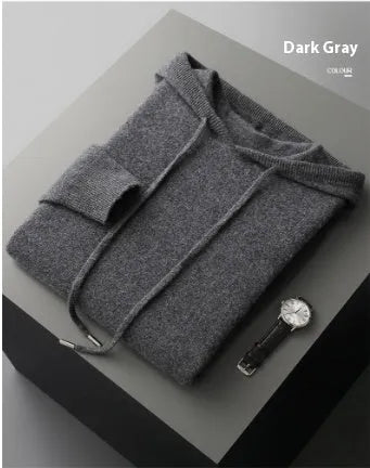 Men's light gray cashmere hooded sweatshirt and long pants set on a hanger.