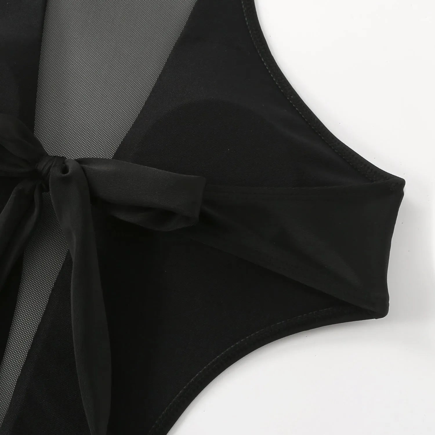 Black one-piece women's swimsuit with hollow out strap detail on the back.