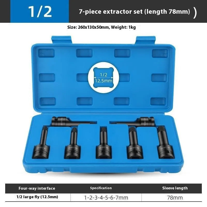 Set of seven alloy broken stud spanners for electric wrench with 60mm and 78mm sizes