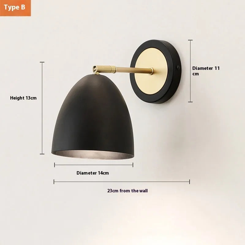 Black iron Nordic-style wall lamp mounted beside a bed with four different shade design options.