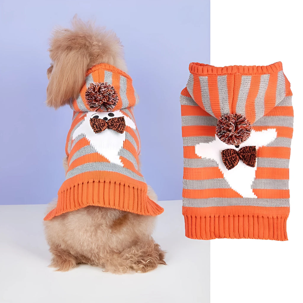 Orange striped knitted acrylic pet sweater with hood and fur ball decoration for Halloween