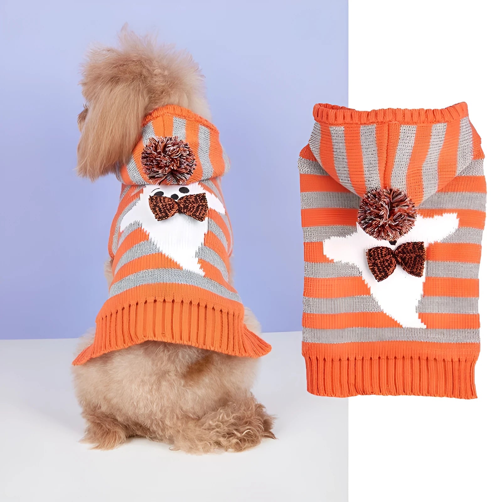 Orange striped knitted acrylic pet sweater with hood and fur ball decoration for Halloween