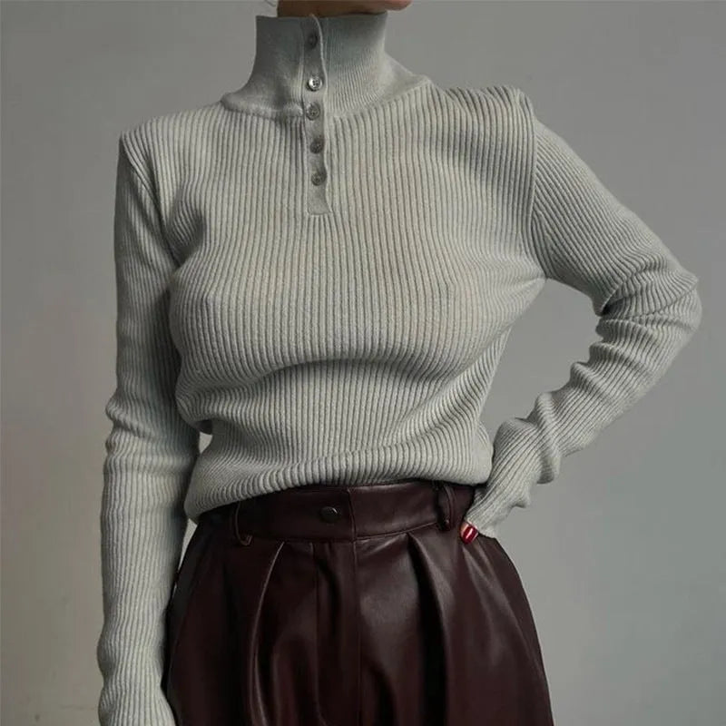 Women's slim fit retro breasted half turtleneck pullover sweater in silver grey or rice apricot