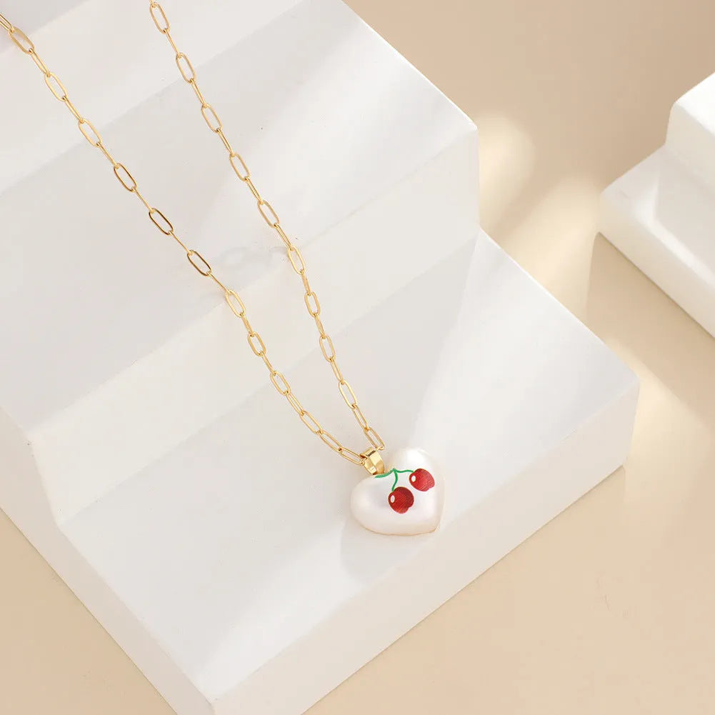 Geometric heart pendant necklace with fruit charm on adjustable 21-50cm chain