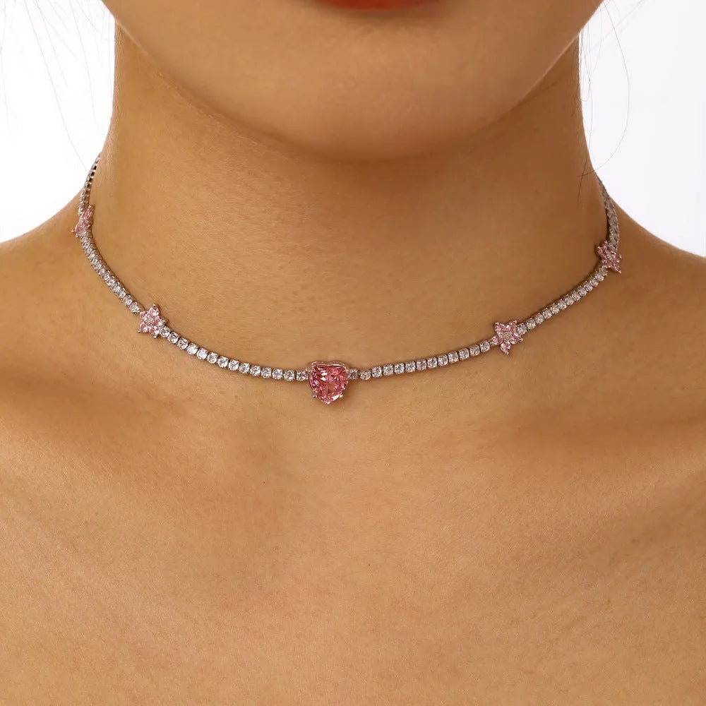 925 sterling silver tennis necklace with heart-shaped pendant for women, electroplated finish