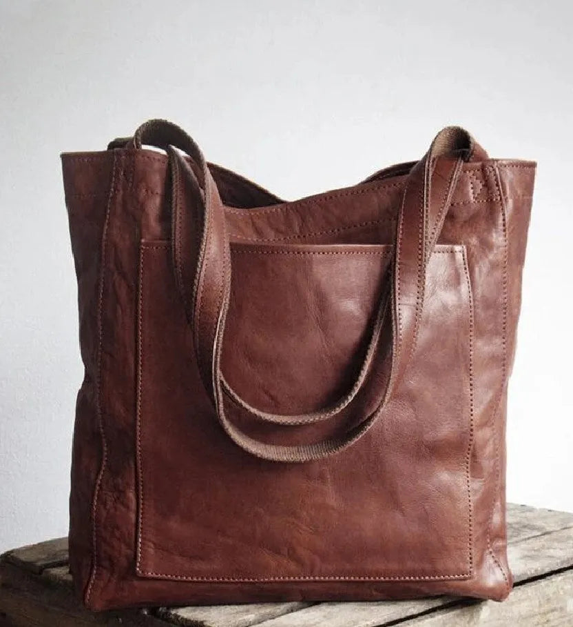 Women's PU leather portable shoulder bag with outer pocket in brown vintage style