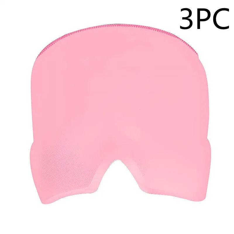 Black elastic ice gel headache relief eye mask shown on a mannequin head, adjustable for 42-66cm circumference.