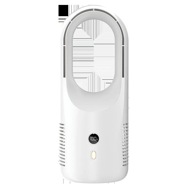 Electric bladeless fan cooler with LED display and Type-C charging port on a desk