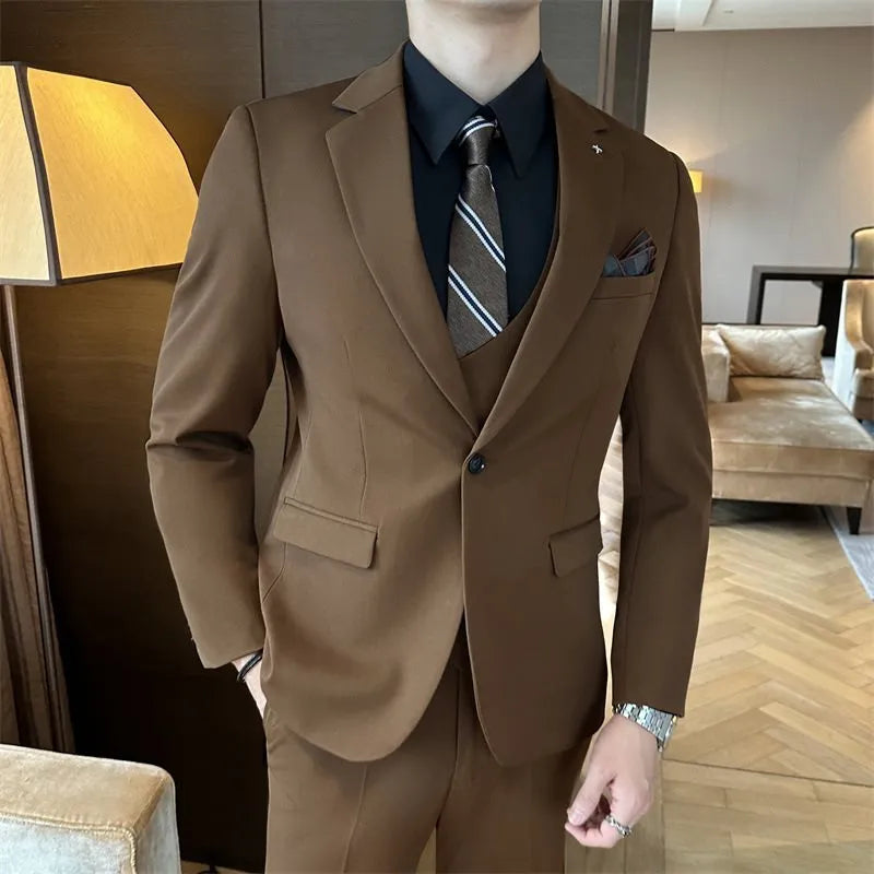 Men's dark green slim-fit formal blazer on a hanger