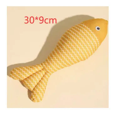 Large yellow catnip fish toy measuring 39cm long for feline play and teeth grinding