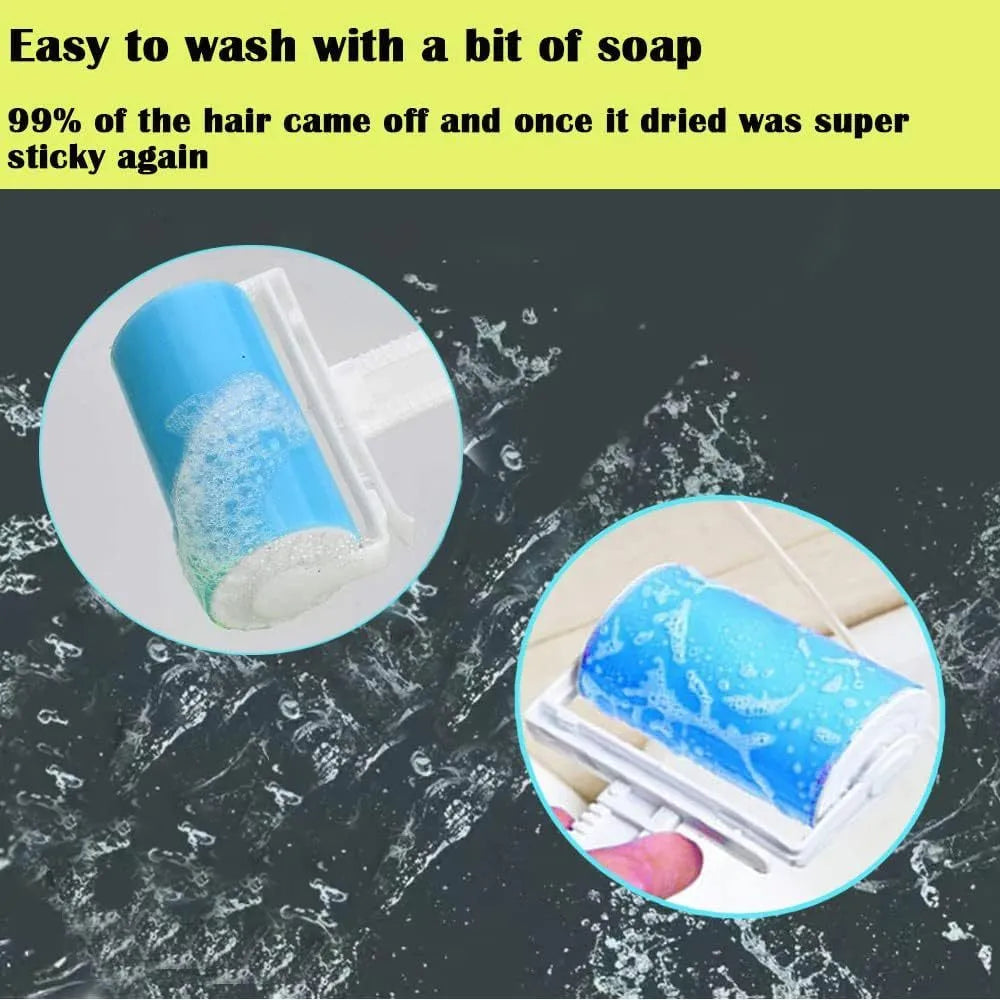 Washable lint roller pack with protective cover in blue, green, pink and yellow options for pet hair removal