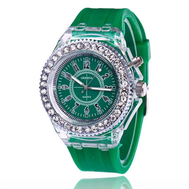 Geneva women's LED luminous quartz watch with silicone strap and round 43mm dial
