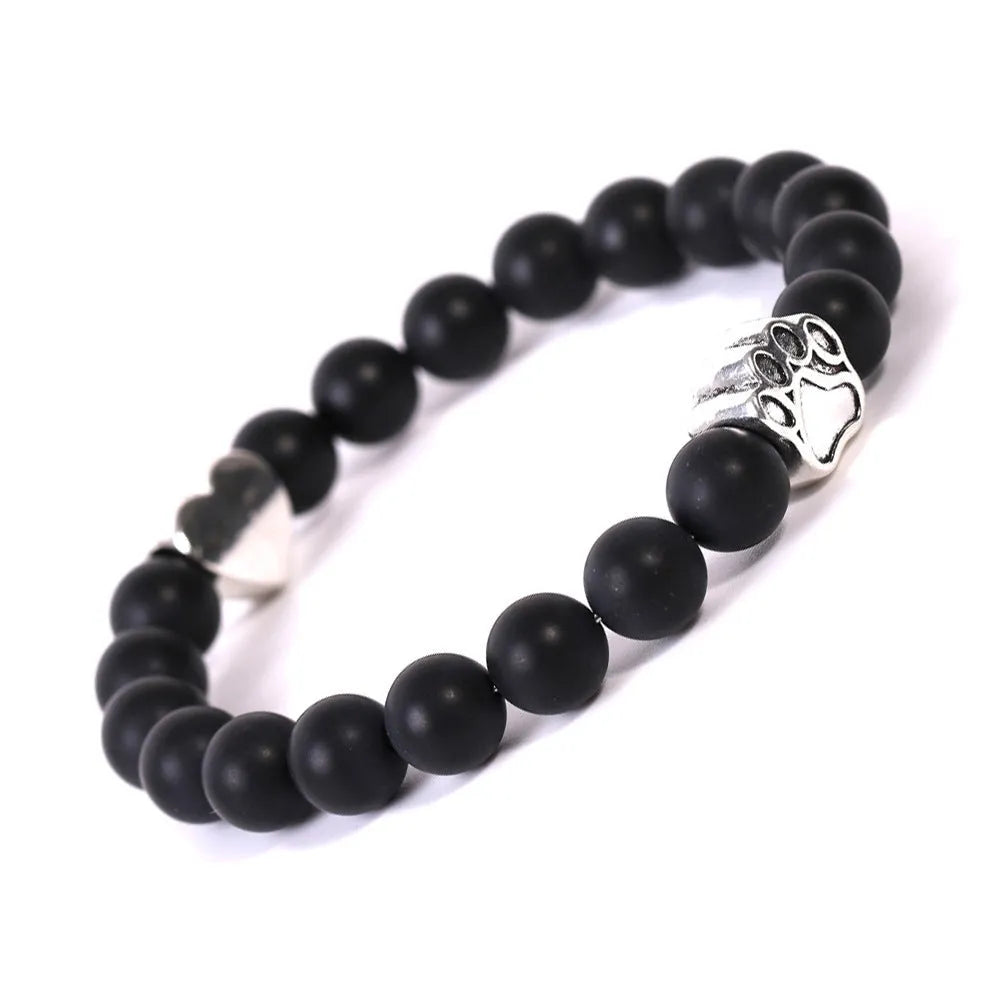 Tigereye Indian agate stone bead bracelet with dog's paw and heart charms in geometric design