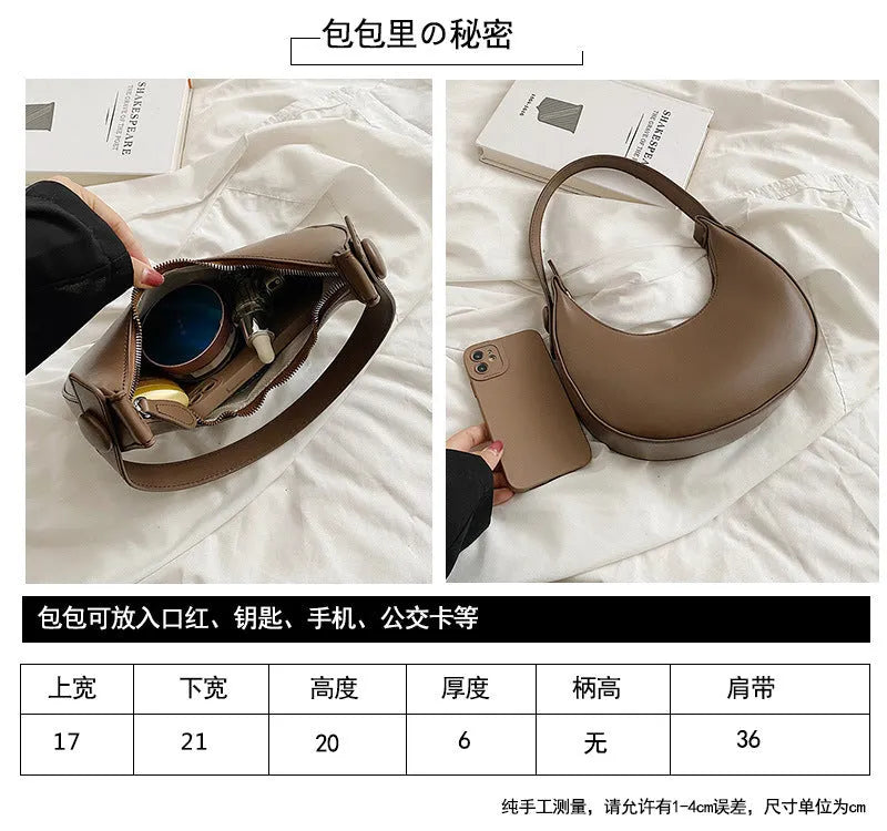 Retro dumpling-shaped women's shoulder bag in PU leather with a zippered pocket.