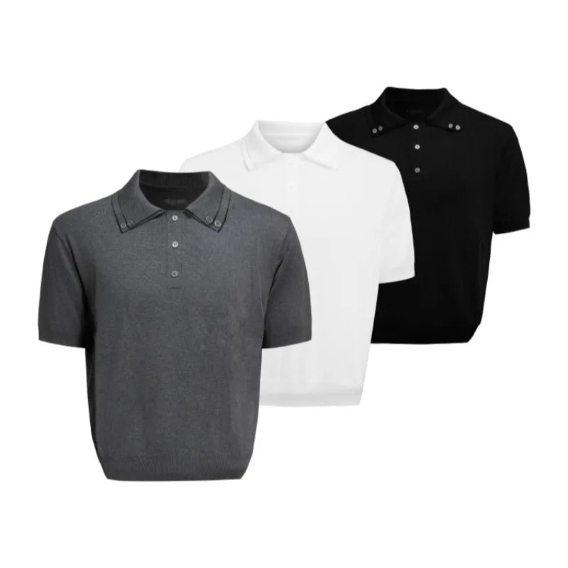 Men's slim knit polyester shirt with double collar lapel design in black, grey or white